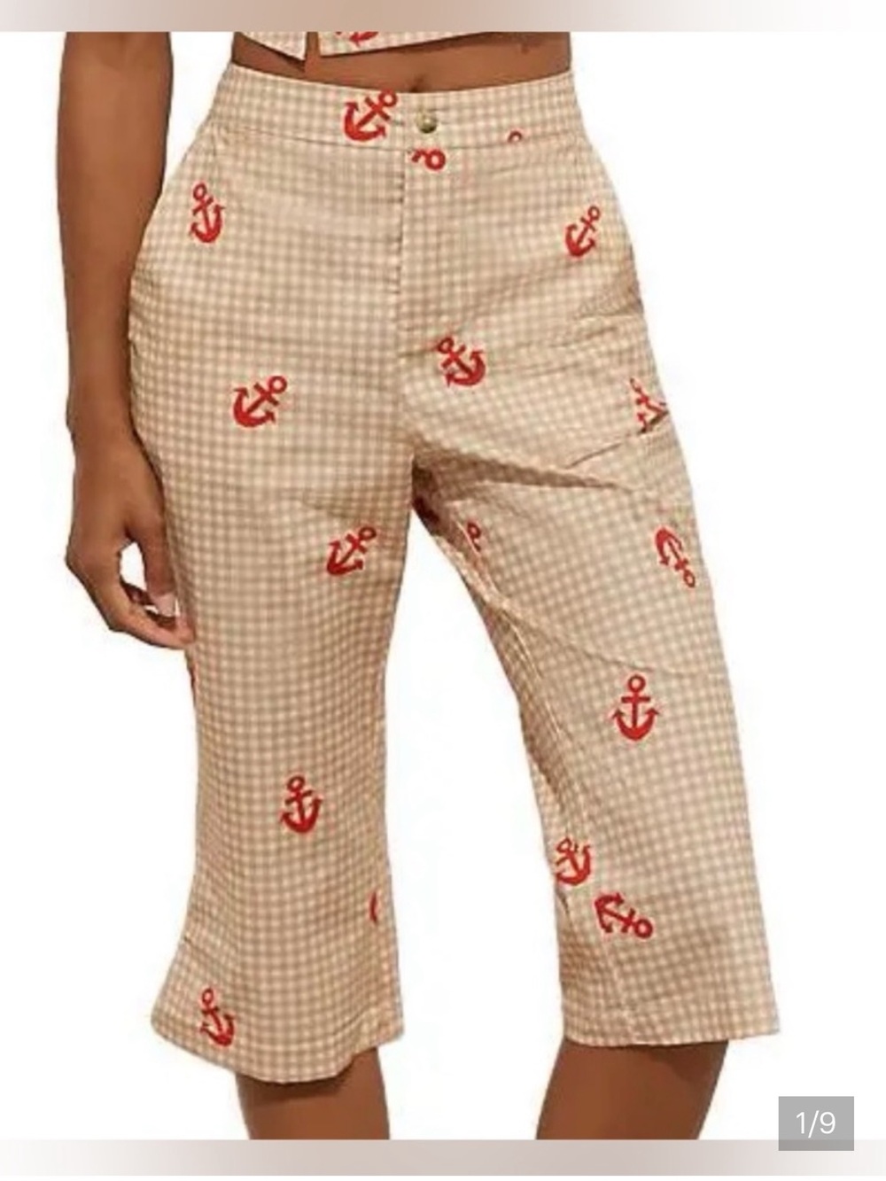 Anthropologie Celandine Gingham Capri Pants with Red Anchor Print